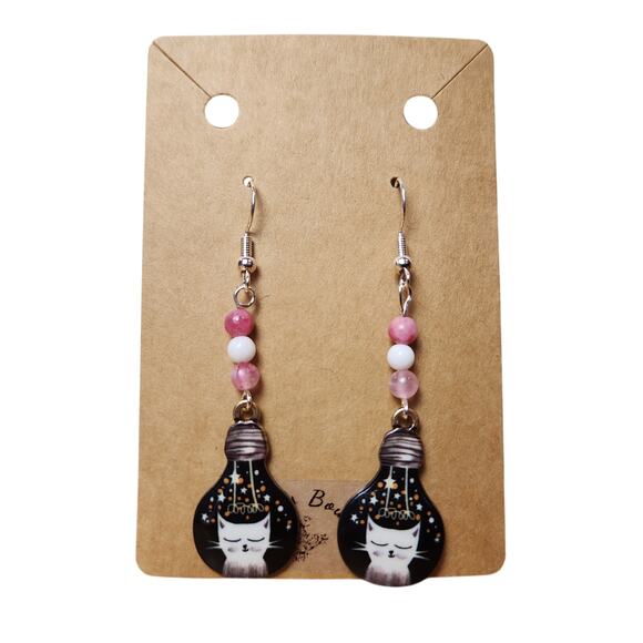 Handmade Cat Lightbulb Earrings with Pink and White Jade Beads | Lightweight - Picture 6 of 6